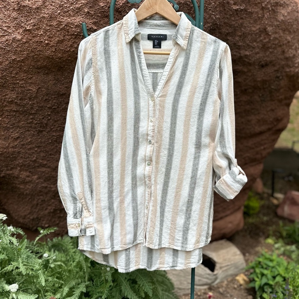 Tahari Beige, Grey and Cream Striped Linen Button Front Tunic Size S